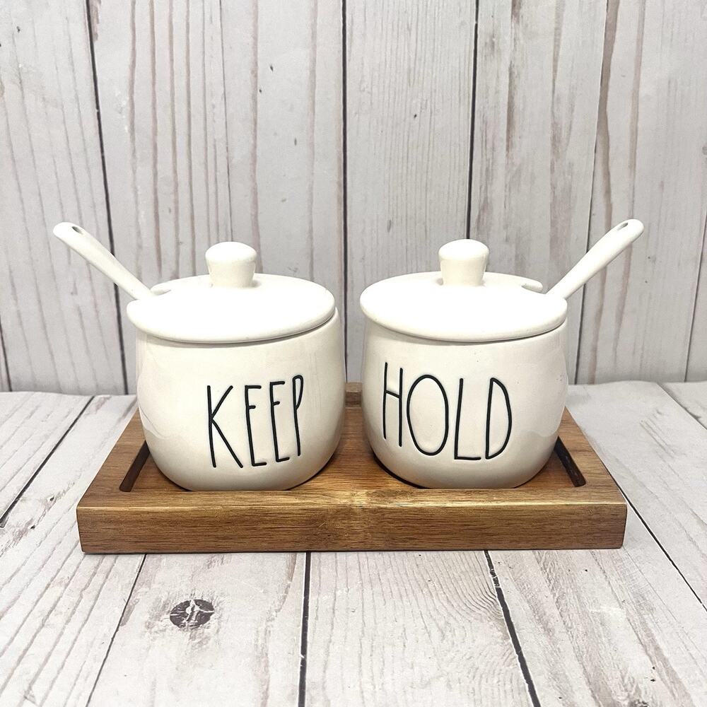 Rae Dunn KEEP HOLD Condiment Jar Set w/ Spoons & Wood Tray Farmhouse